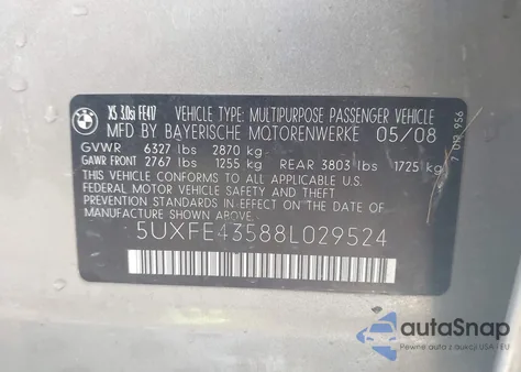 2008 BMW X5 3.0Si z USA, uszkodzony, nr VIN 5UXFE43588L029524